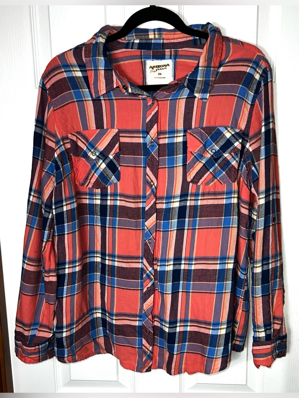 (READ) Women’s Flannel Lightweight Plaid Coral Orange XL